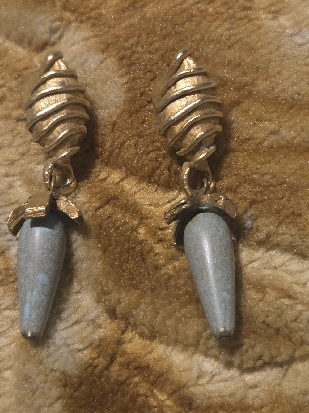 Vintage Gold and Patina Blue Cone Drop Earrings
